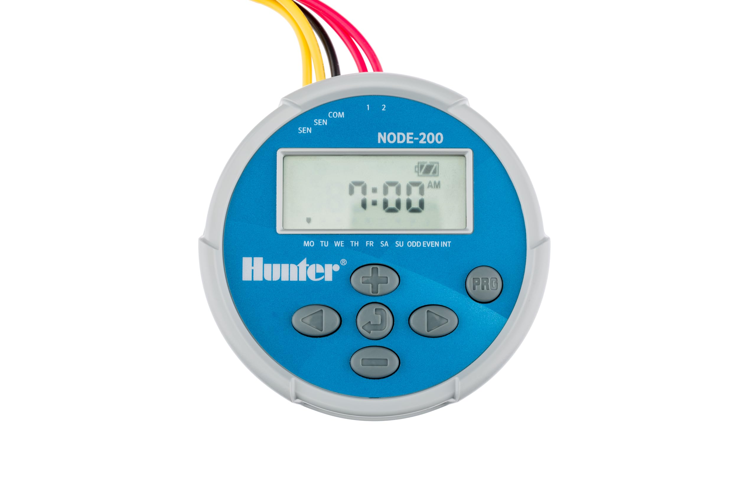 Hunter NODE-200 front panel showing controls and waterproof housing for easy programming