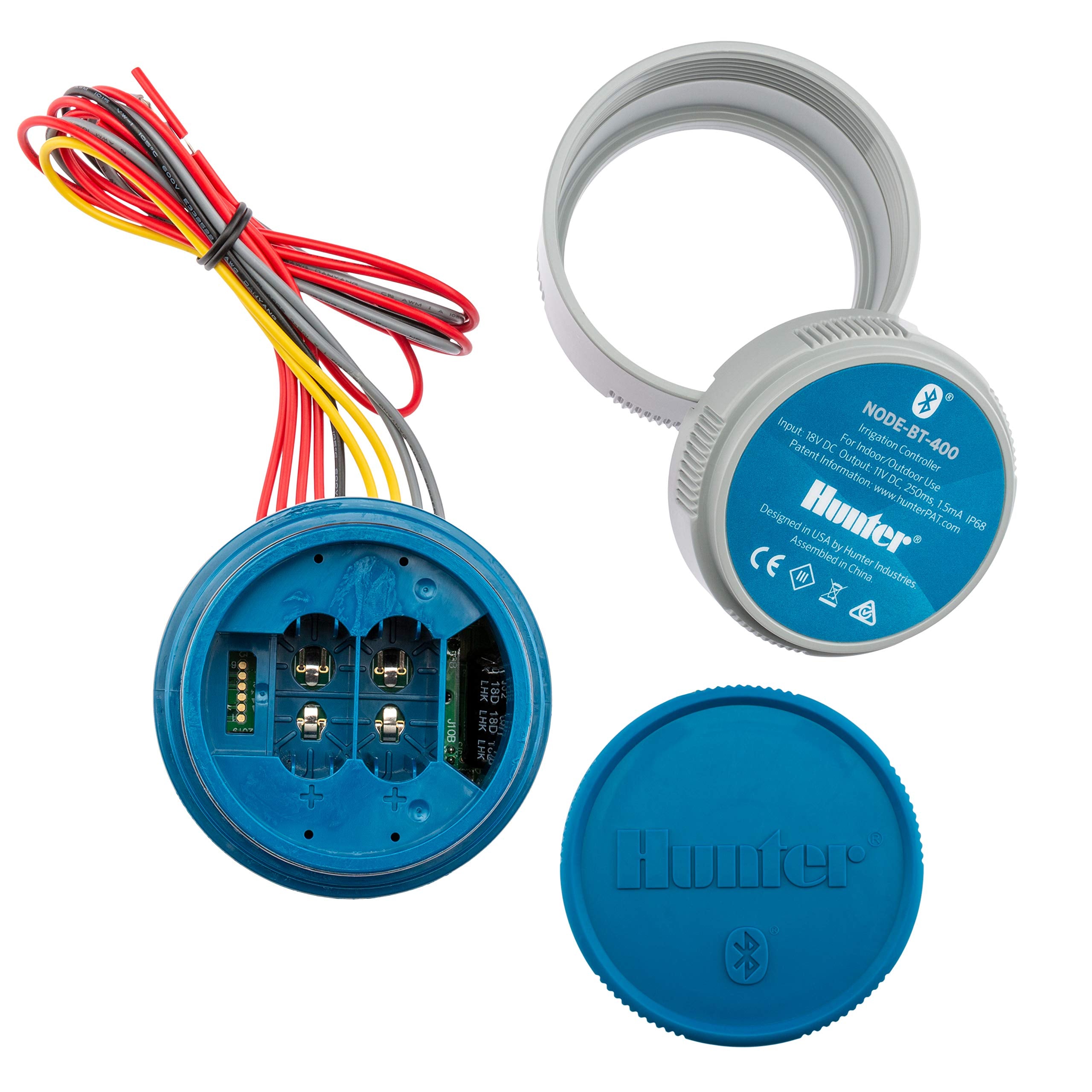 Hunter NODE-BT-200 mounted on pipe in landscape illustrating easy installation and remote control