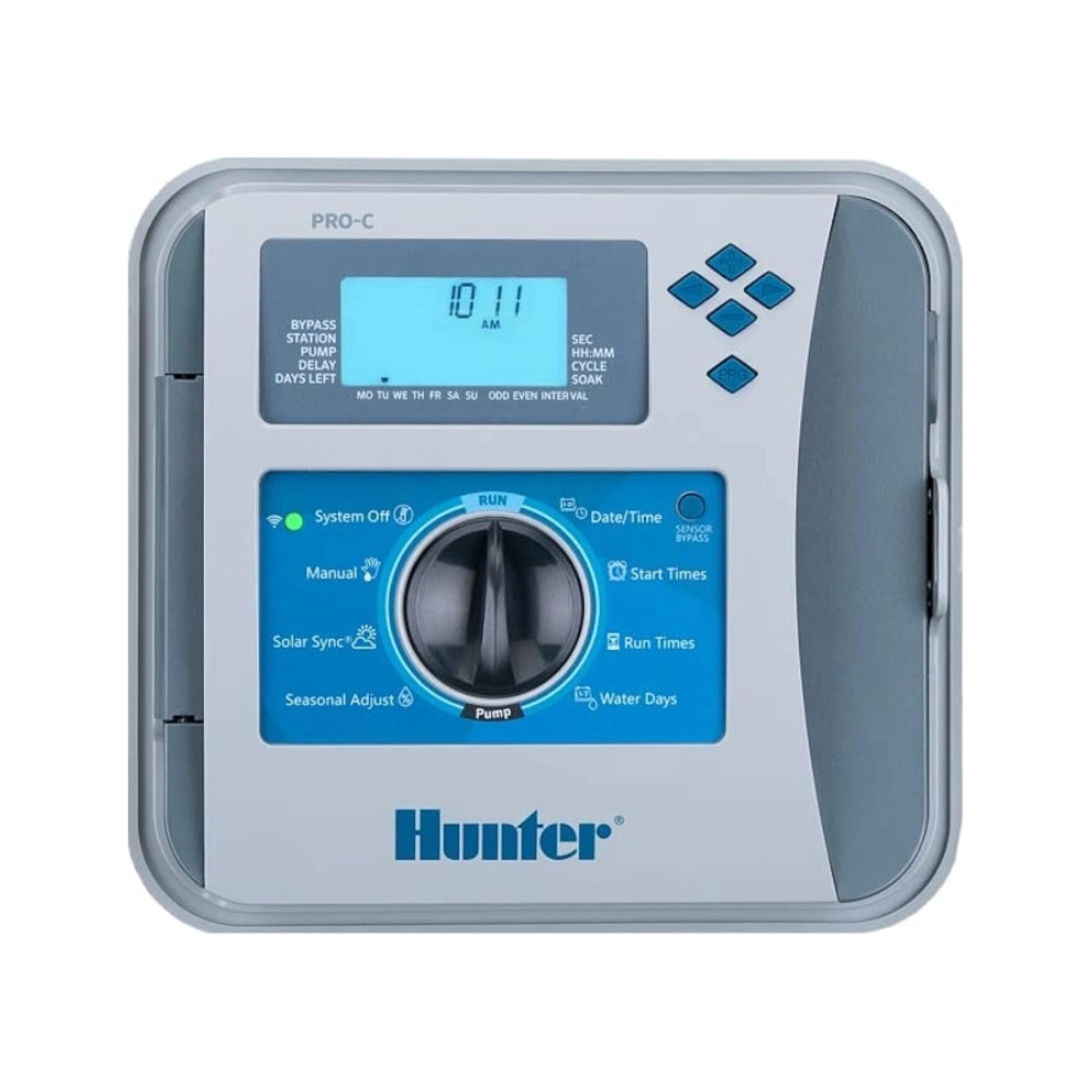 Hunter Pro-C front panel showing backlit display and controls for fast setup
