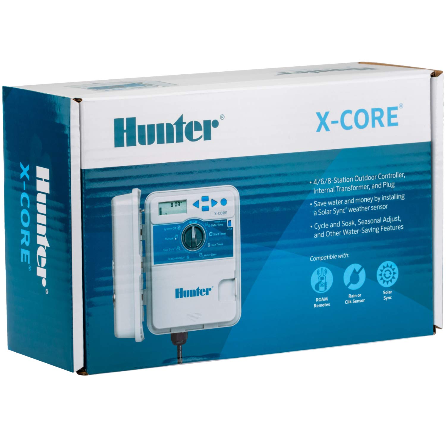 Hunter X-Core installed on exterior wall managing four irrigation zones