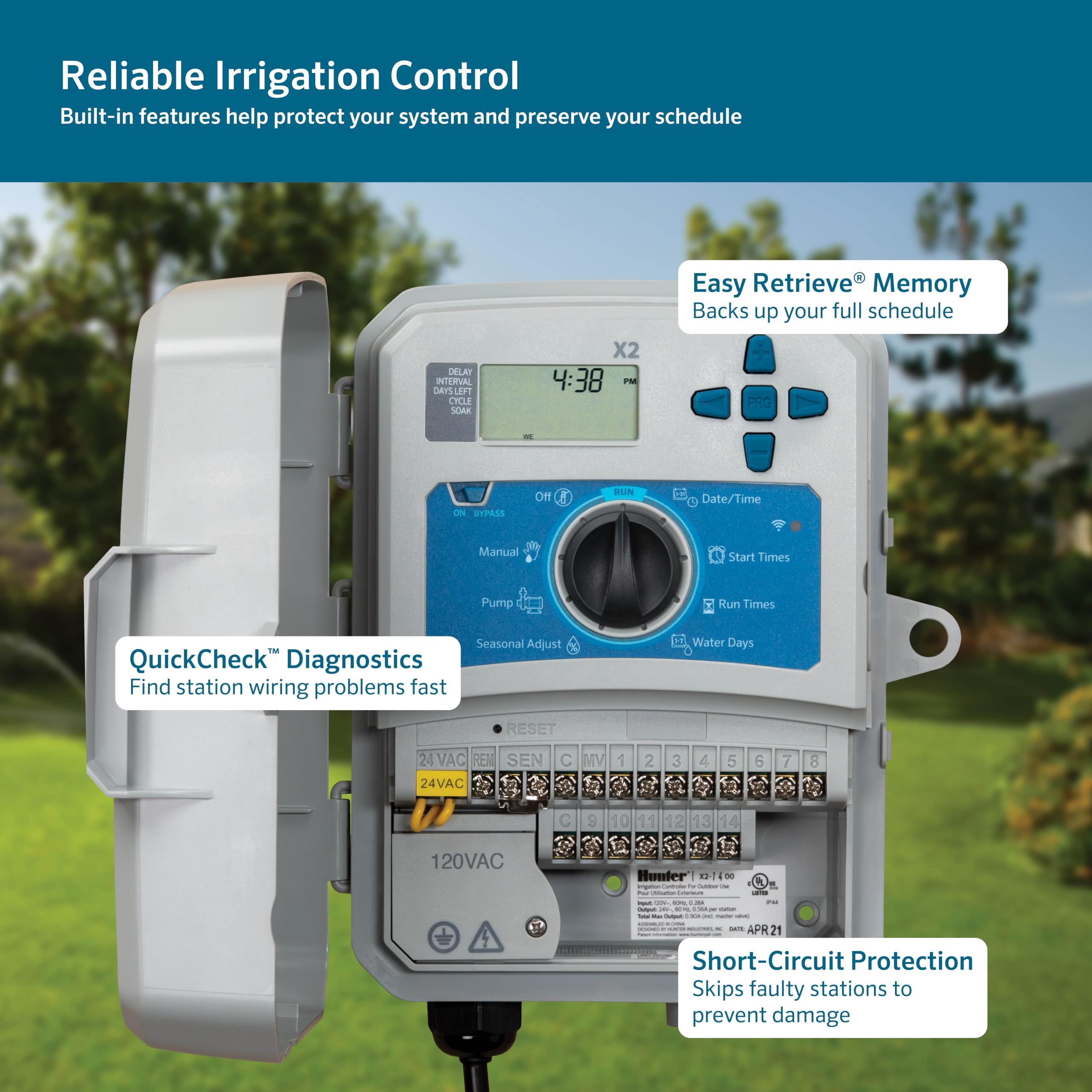 Hunter X2 wiring terminal detail illustrating QuickCheck diagnostics for safe installation