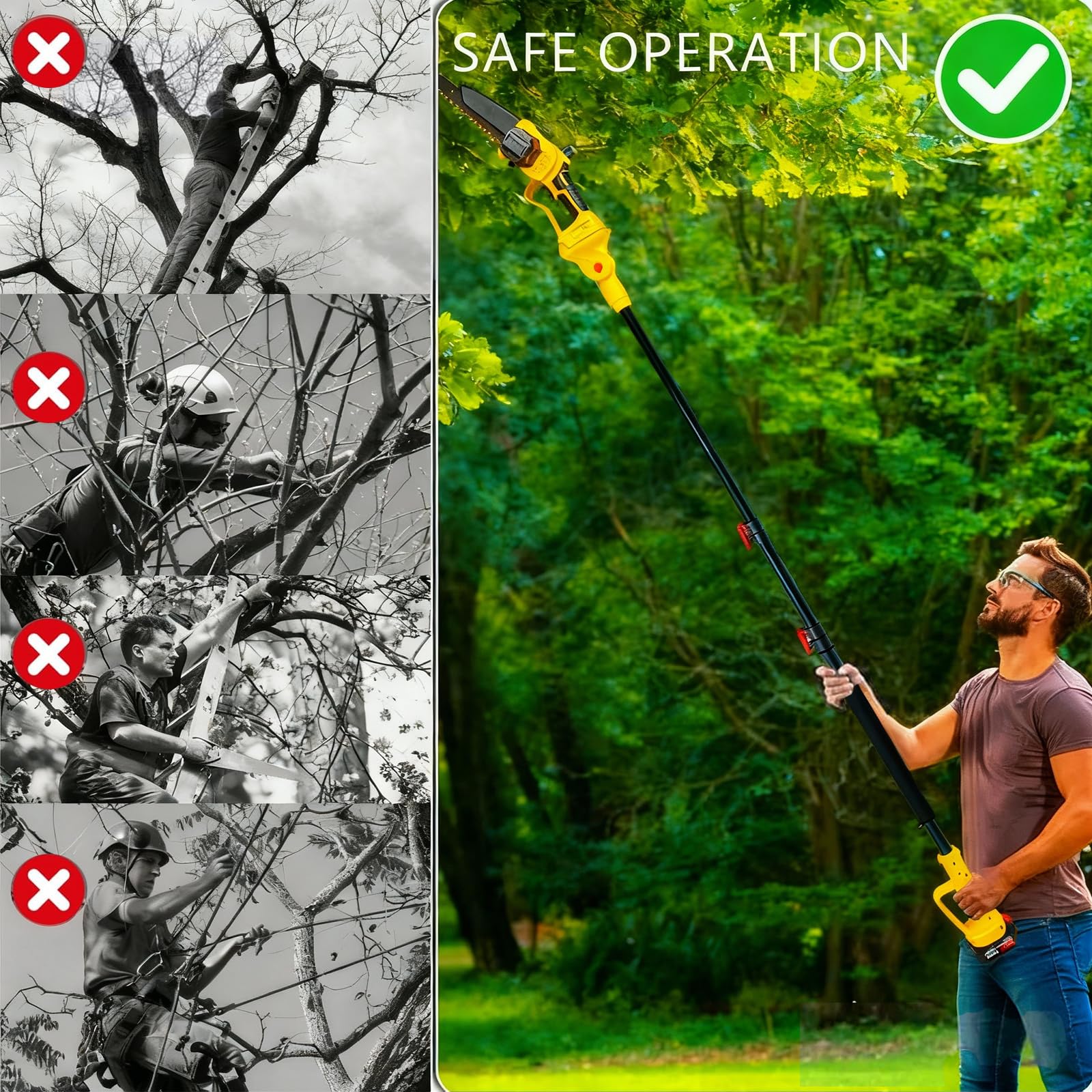 HUOJYDOWDL user trimming tree branch from ground showing safe ladder-free operation