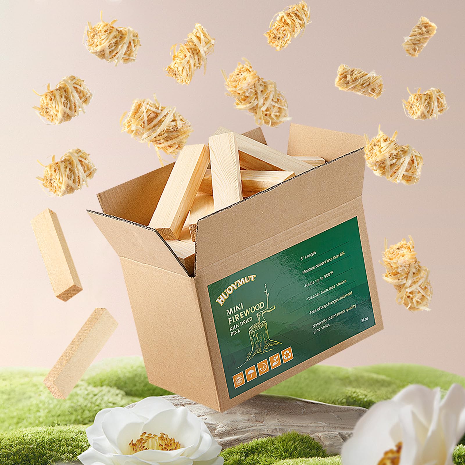 HuoYmut front box of 5-inch kiln-dried sticks showing compact, ready-to-use firewood