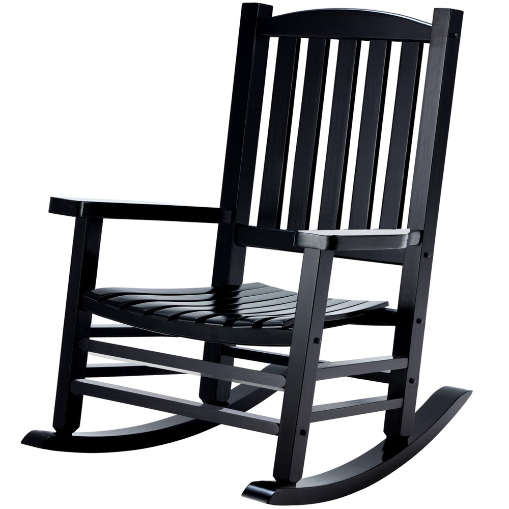 Hupmad front view of black porch rocker showing elegant silhouette and durable finish