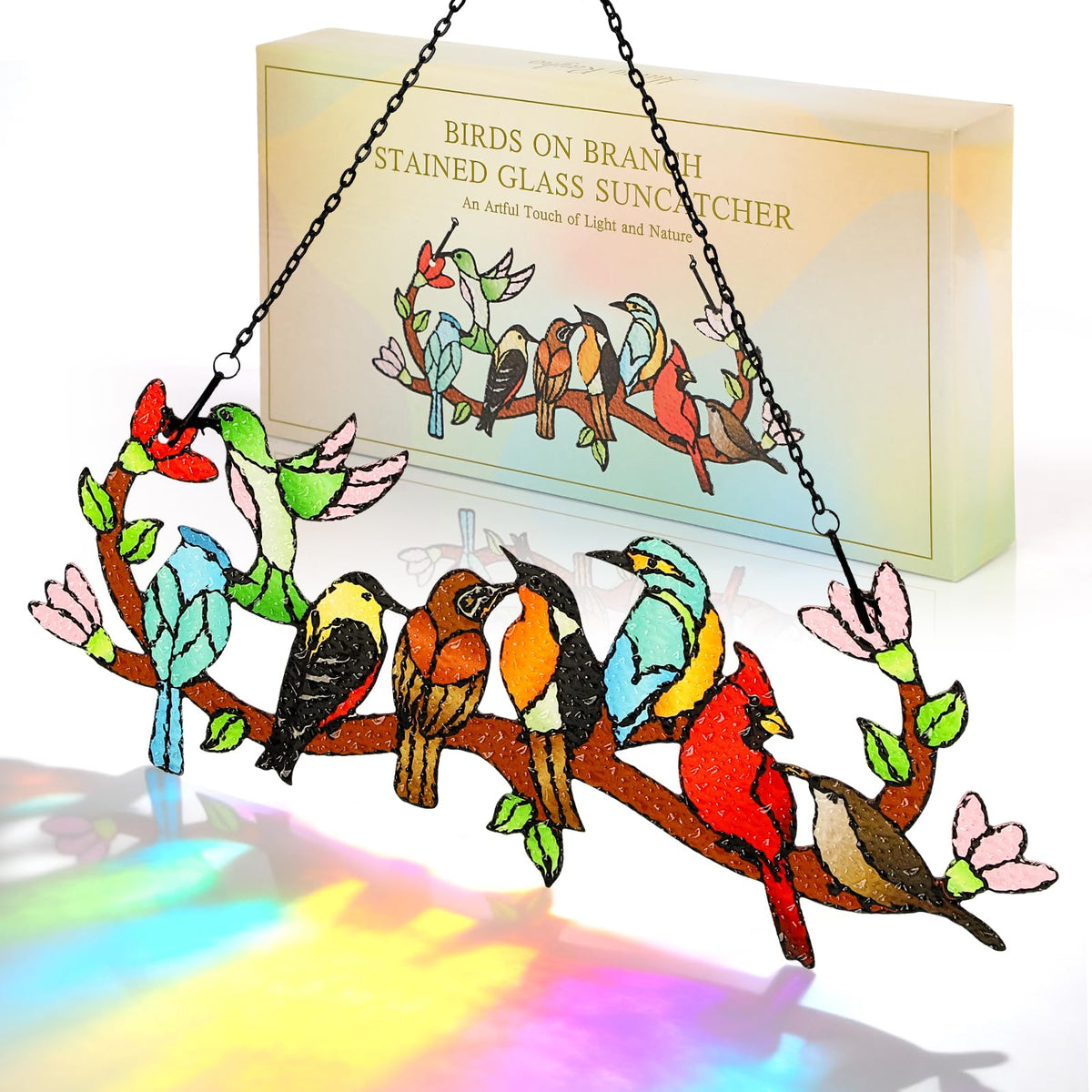 Huray Rayho front view showing bird motif and colorful glass benefiting room brightness