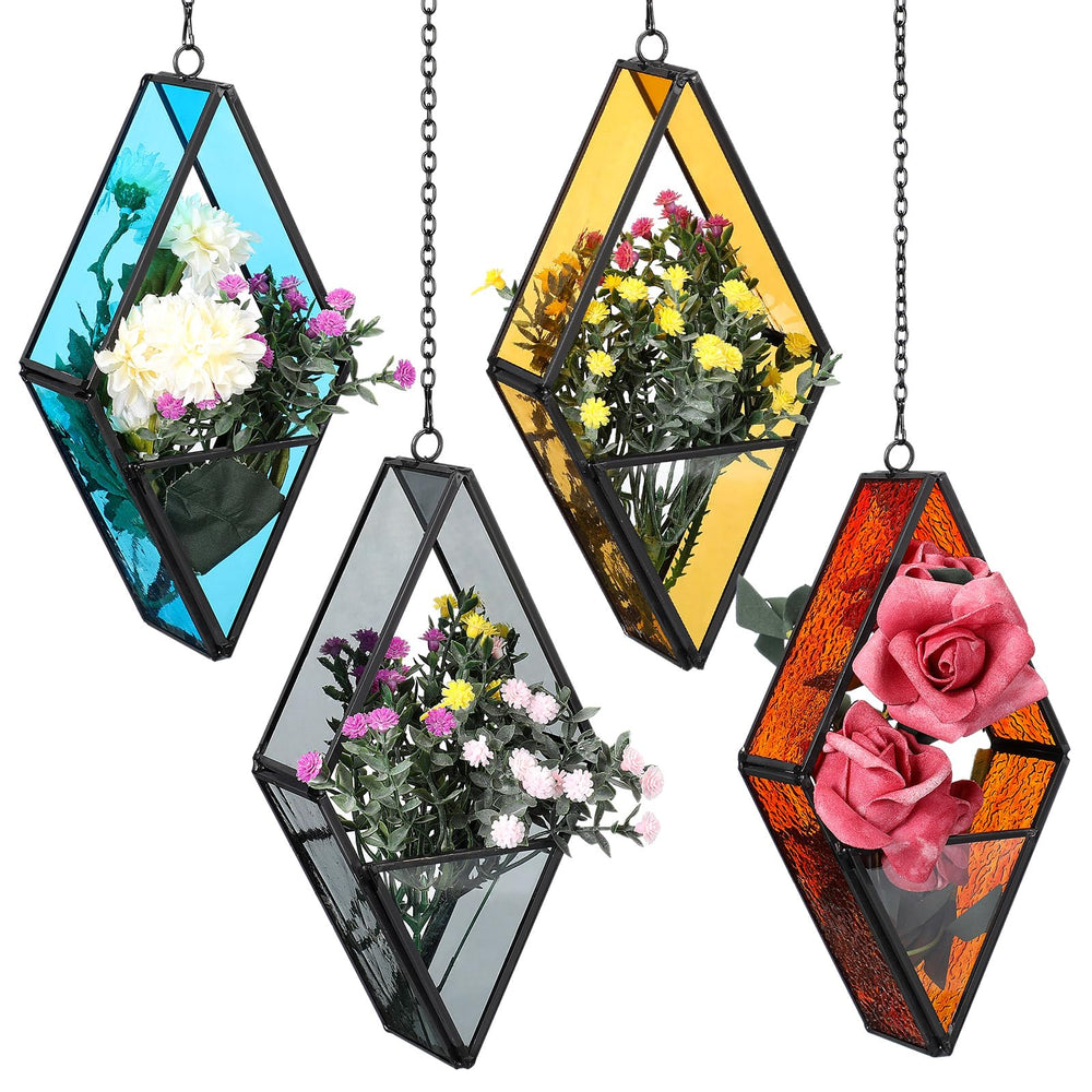 Hushee front view of four colorful geometric hanging glass planters, shows full set benefit