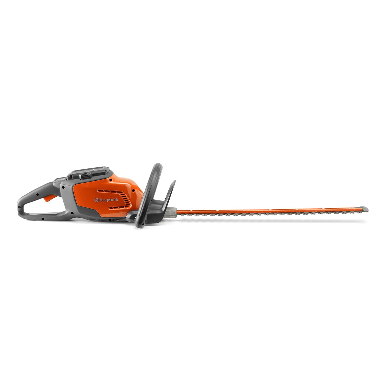 Husqvarna 115iHD55 blade close-up showing 55 cm dual-action cutting for clean hedge finishes