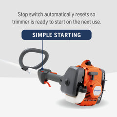 Husqvarna curved shaft detail demonstrating better reach around garden obstacles