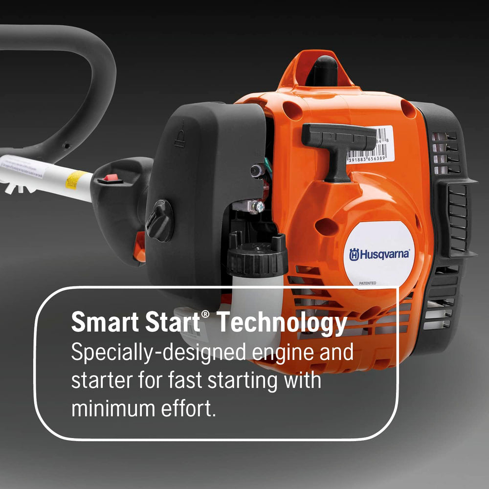 Husqvarna engine close-up highlighting Smart Start and low-noise benefit
