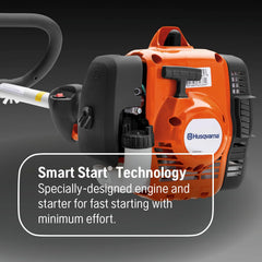 Husqvarna engine close-up highlighting Smart Start and low-noise benefit