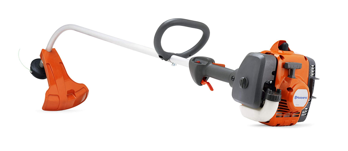 Husqvarna 122C front view showing compact trimmer ready for yards