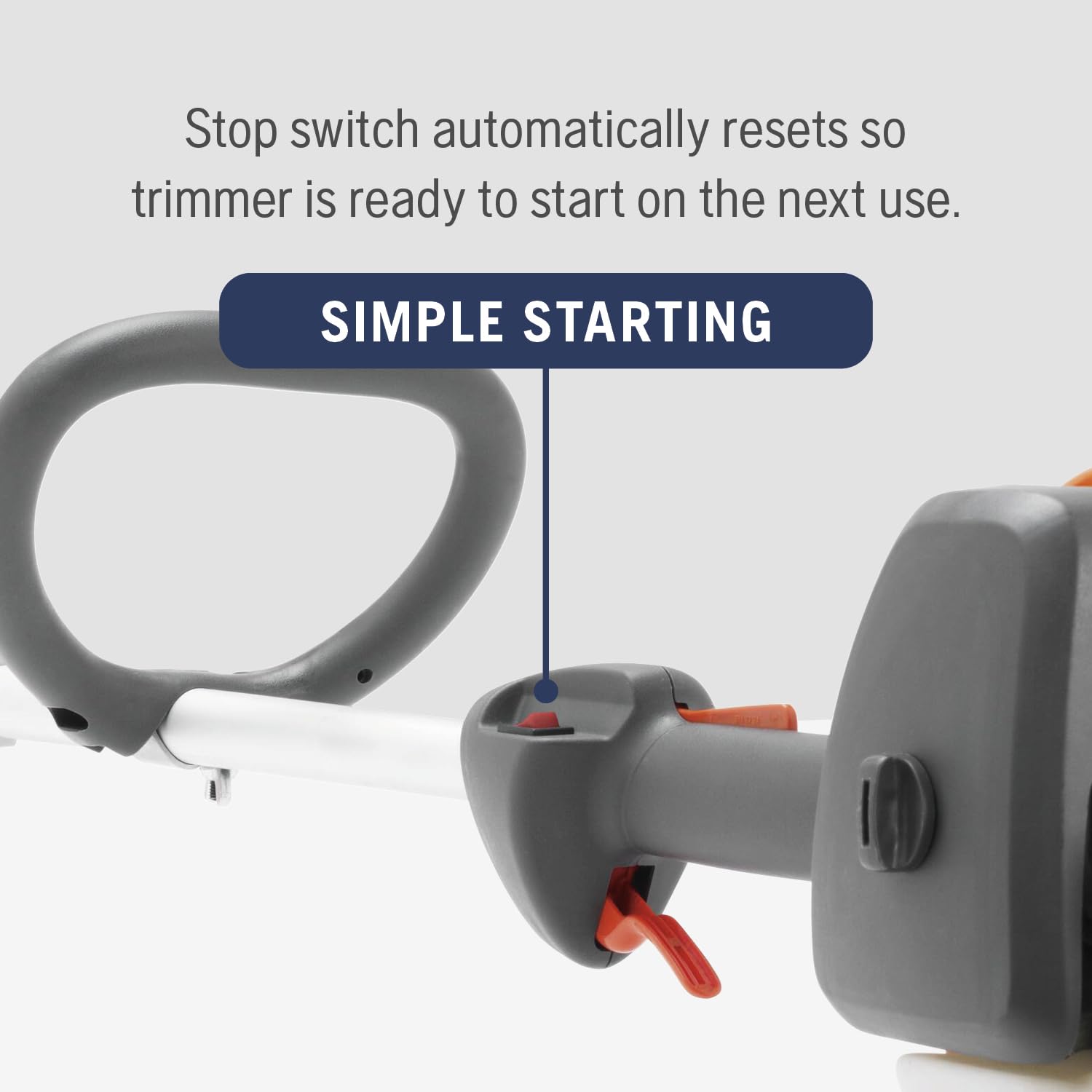 Husqvarna trimmer held to show scale and lightweight design for reduced fatigue