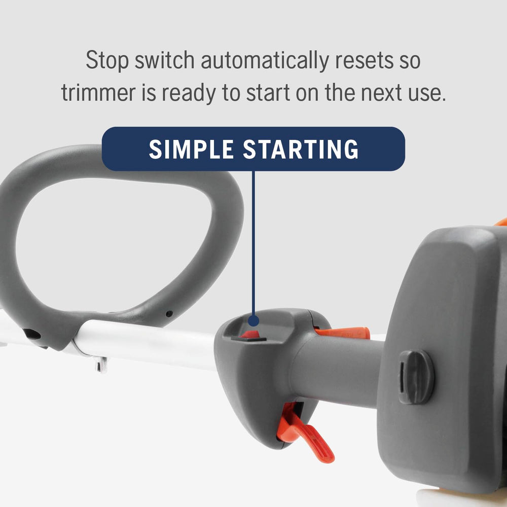 Husqvarna trimmer held to show scale and lightweight design for reduced fatigue