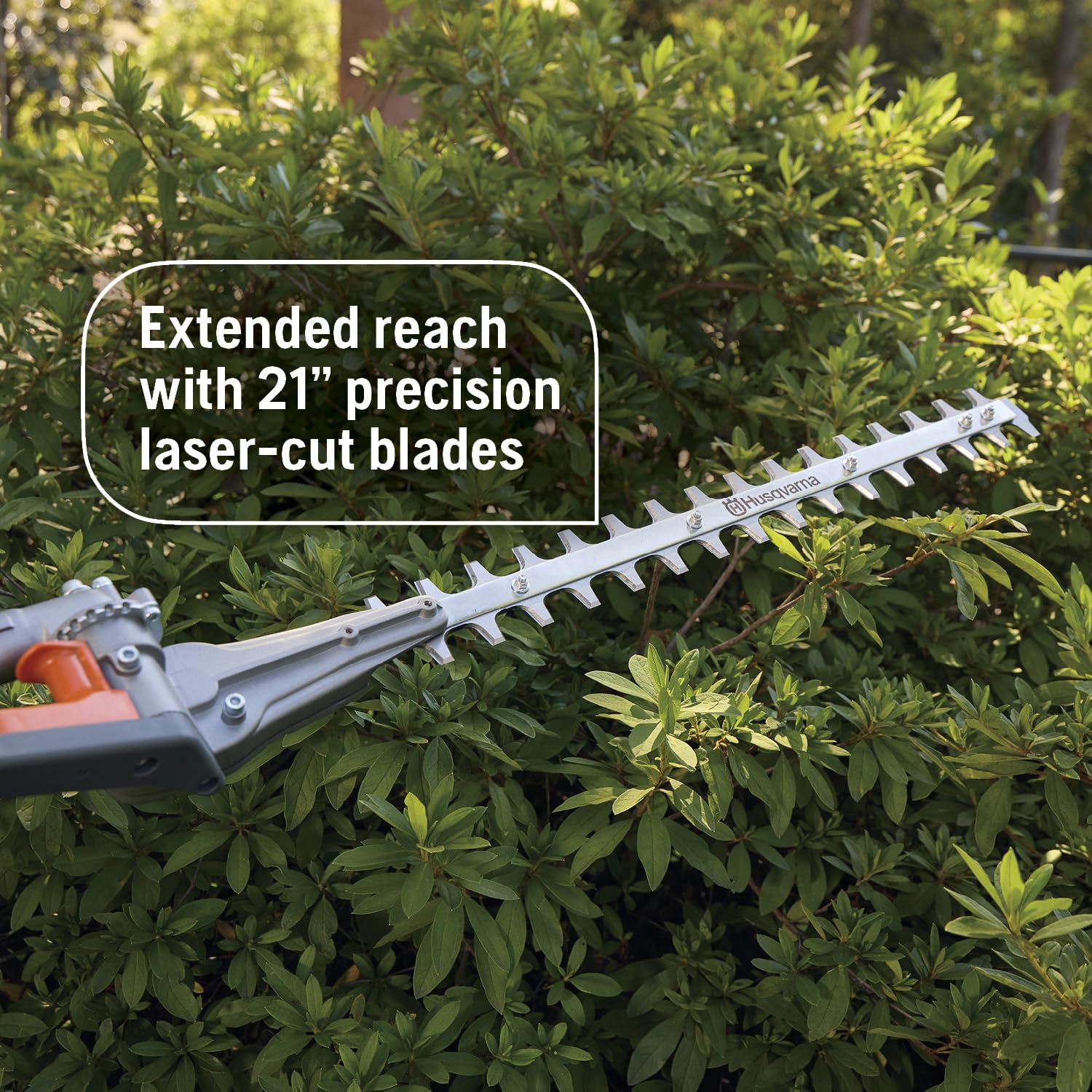 Husqvarna 21-inch blade close-up highlighting laser-cut teeth for accurate cuts