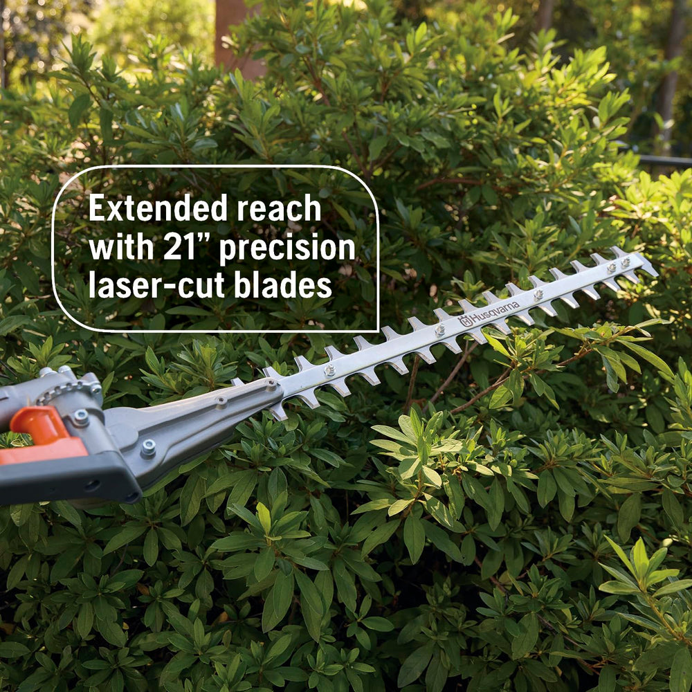 Husqvarna 21-inch blade close-up highlighting laser-cut teeth for accurate cuts