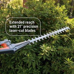 Husqvarna 21-inch blade close-up highlighting laser-cut teeth for accurate cuts