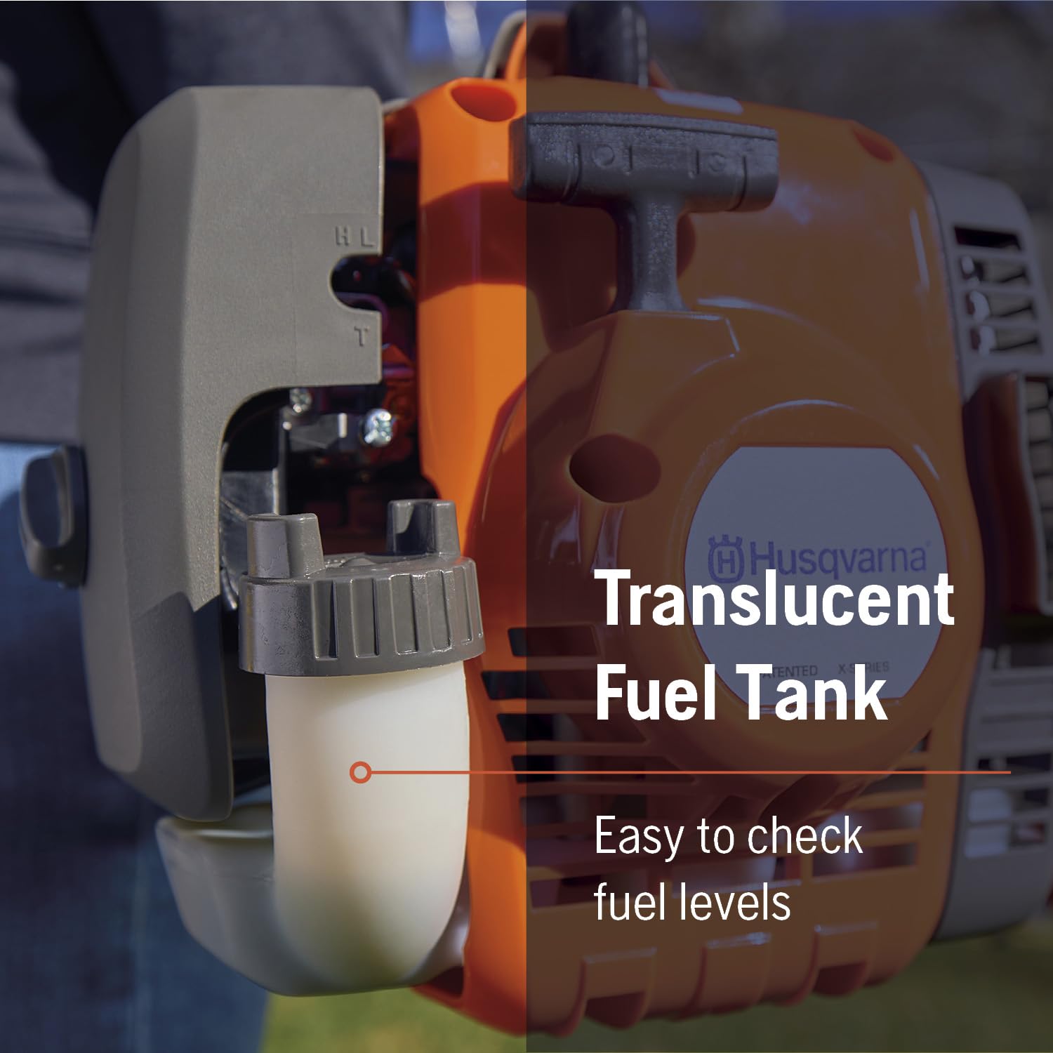 Husqvarna trimmer in backyard lifestyle scene showing versatile yard maintenance use