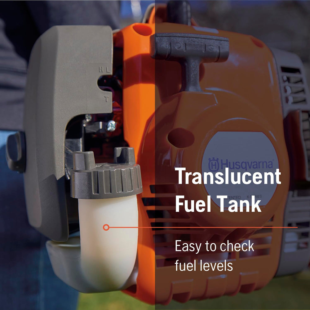 Husqvarna trimmer in backyard lifestyle scene showing versatile yard maintenance use