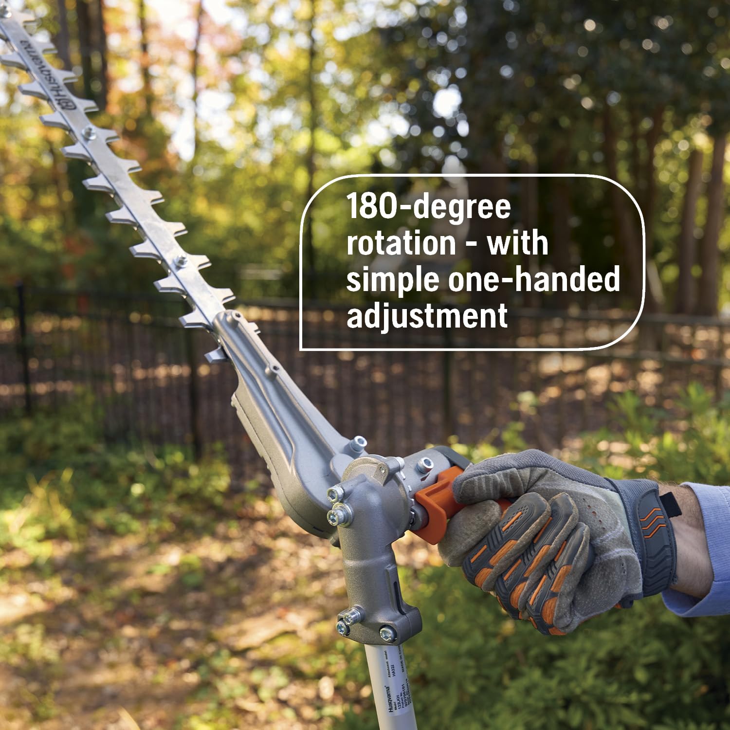 Husqvarna rotating head detail showing 180-degree adjustment for better reach