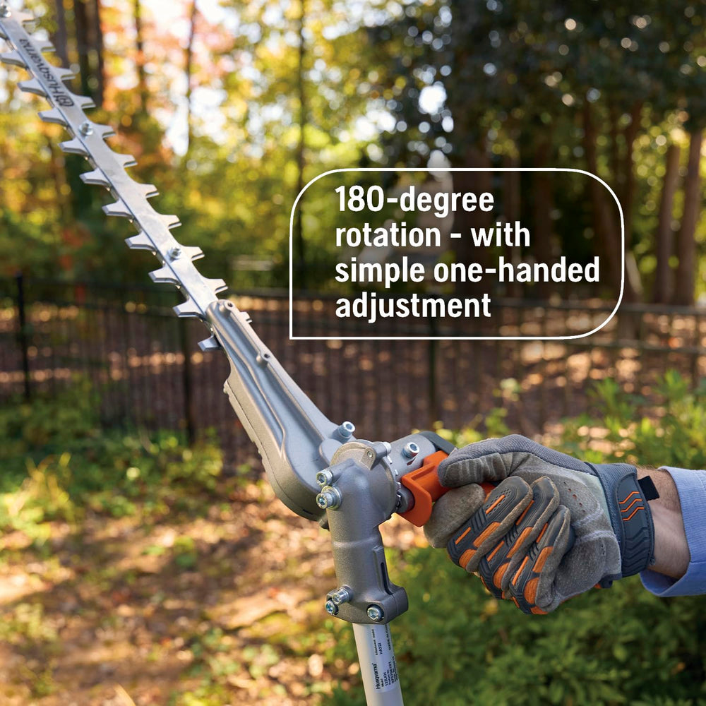 Husqvarna rotating head detail showing 180-degree adjustment for better reach