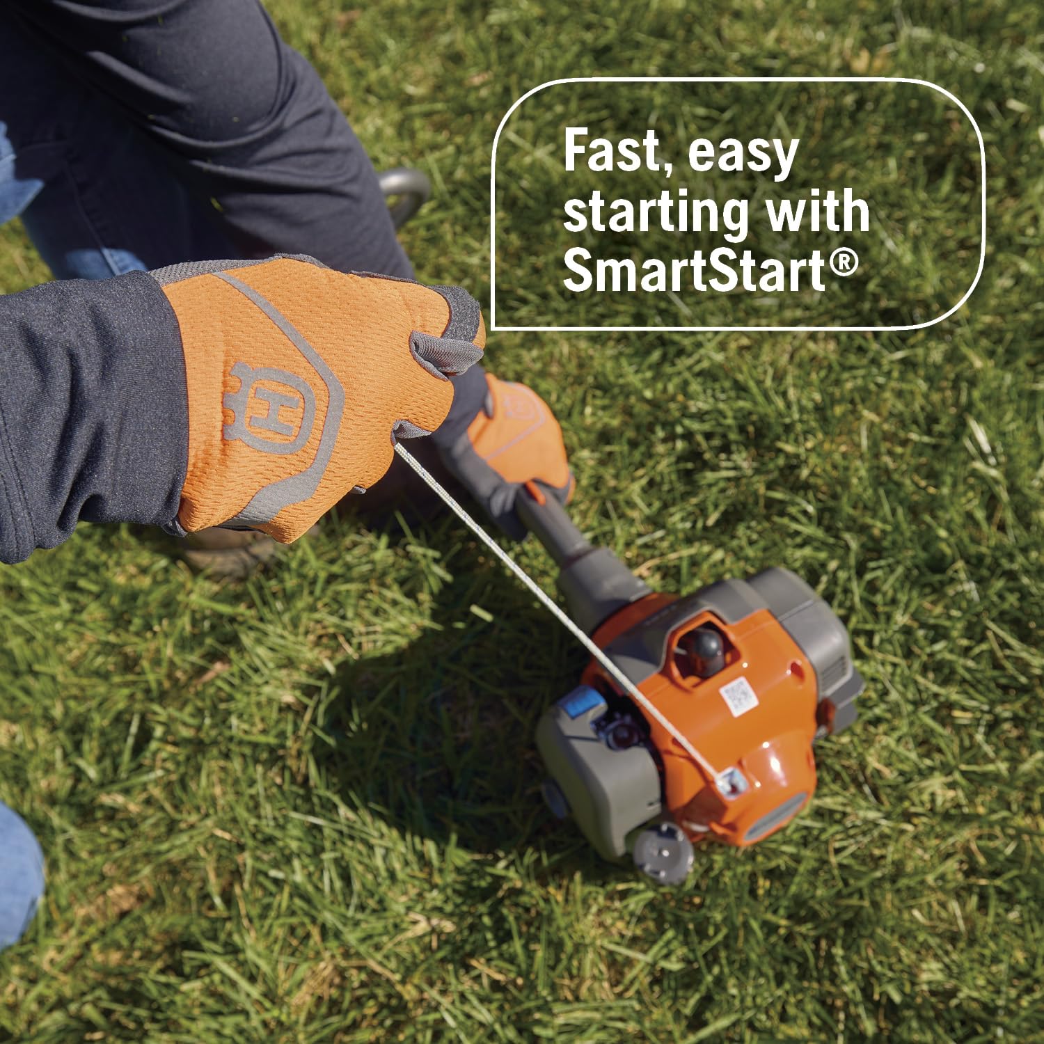 Husqvarna engine starter with air purge visible, easier starting benefit