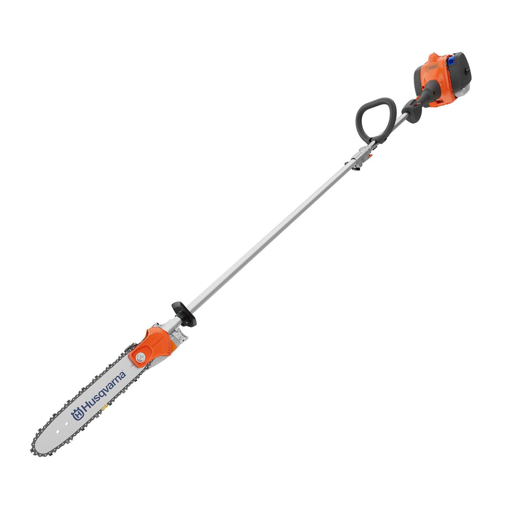 Husqvarna front profile showing pole saw ready to trim, improved reach and balance