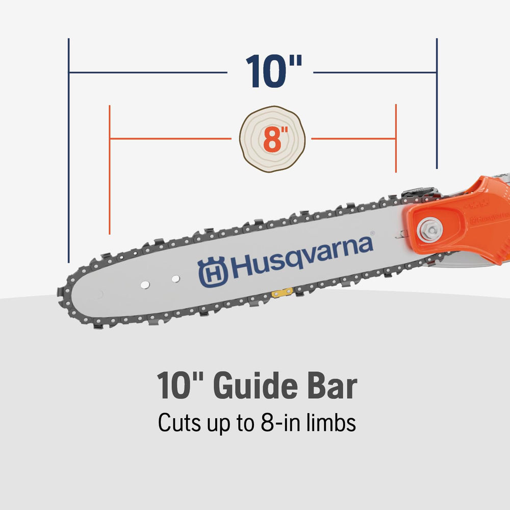 Husqvarna pole saw beside person to show 12-foot reach for perspective