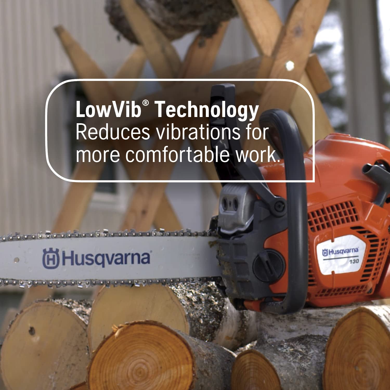 Husqvarna 130 inertia-activated chain brake close-up enhancing kickback safety