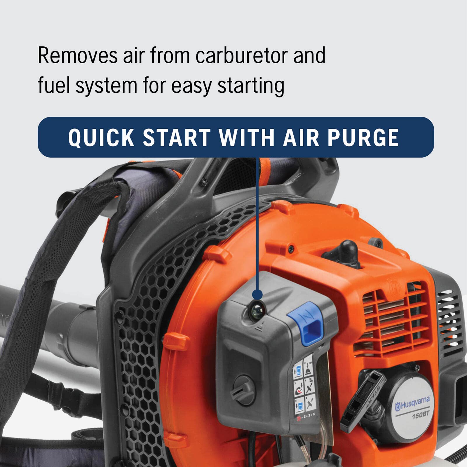 Husqvarna blower beside person showing scale and ergonomic fit