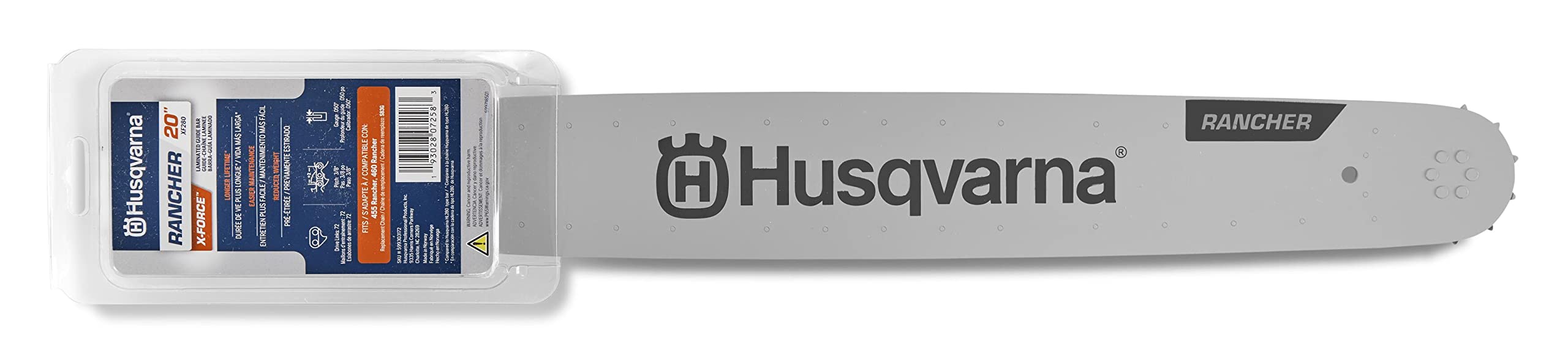 Husqvarna 20-inch Rancher bar front view showing clean edge and fit for durability