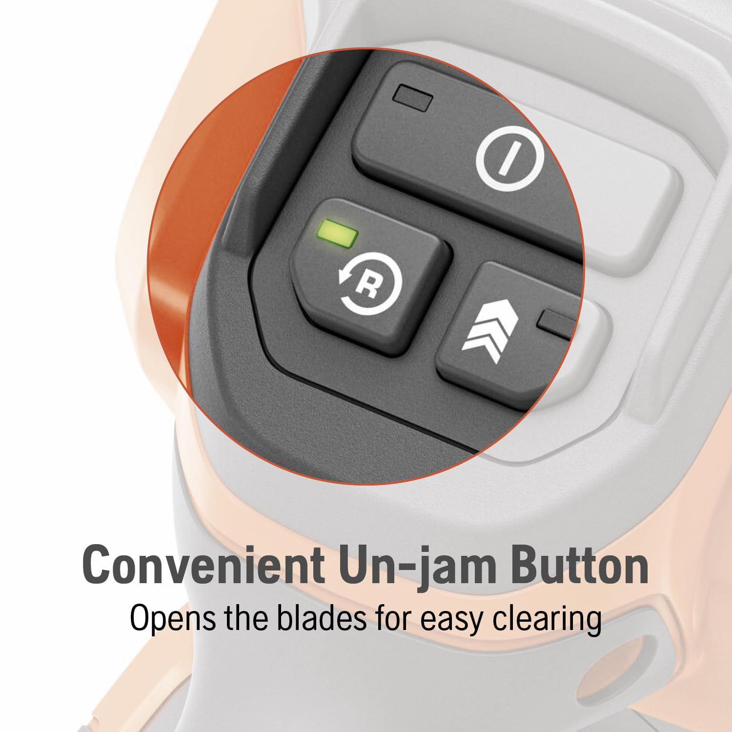 Husqvarna un-jam button closeup for easy blade clearing and uninterrupted work