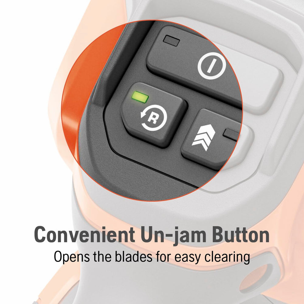 Husqvarna un-jam button closeup for easy blade clearing and uninterrupted work