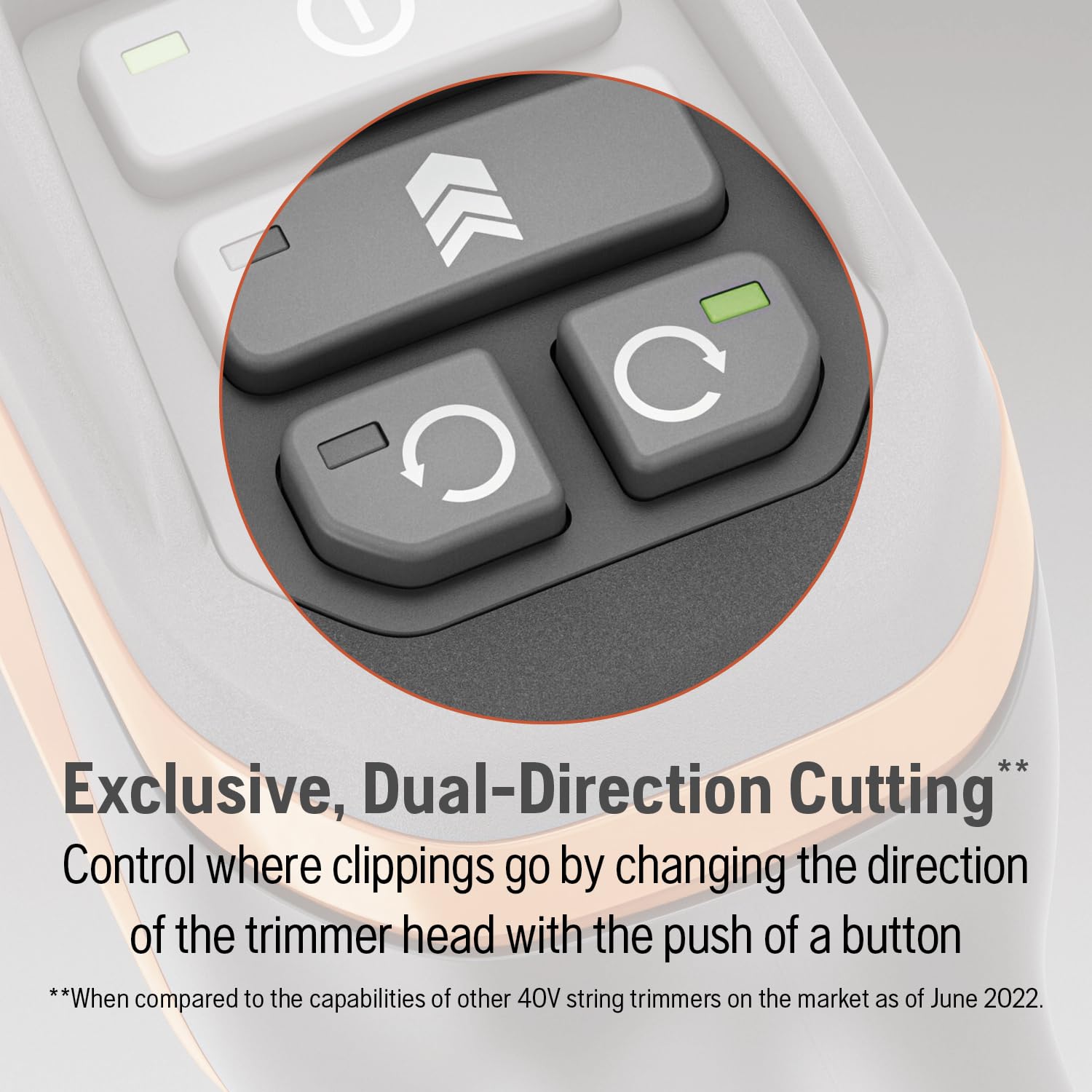 Husqvarna 320iL dual-direction head angled to direct clippings away from beds