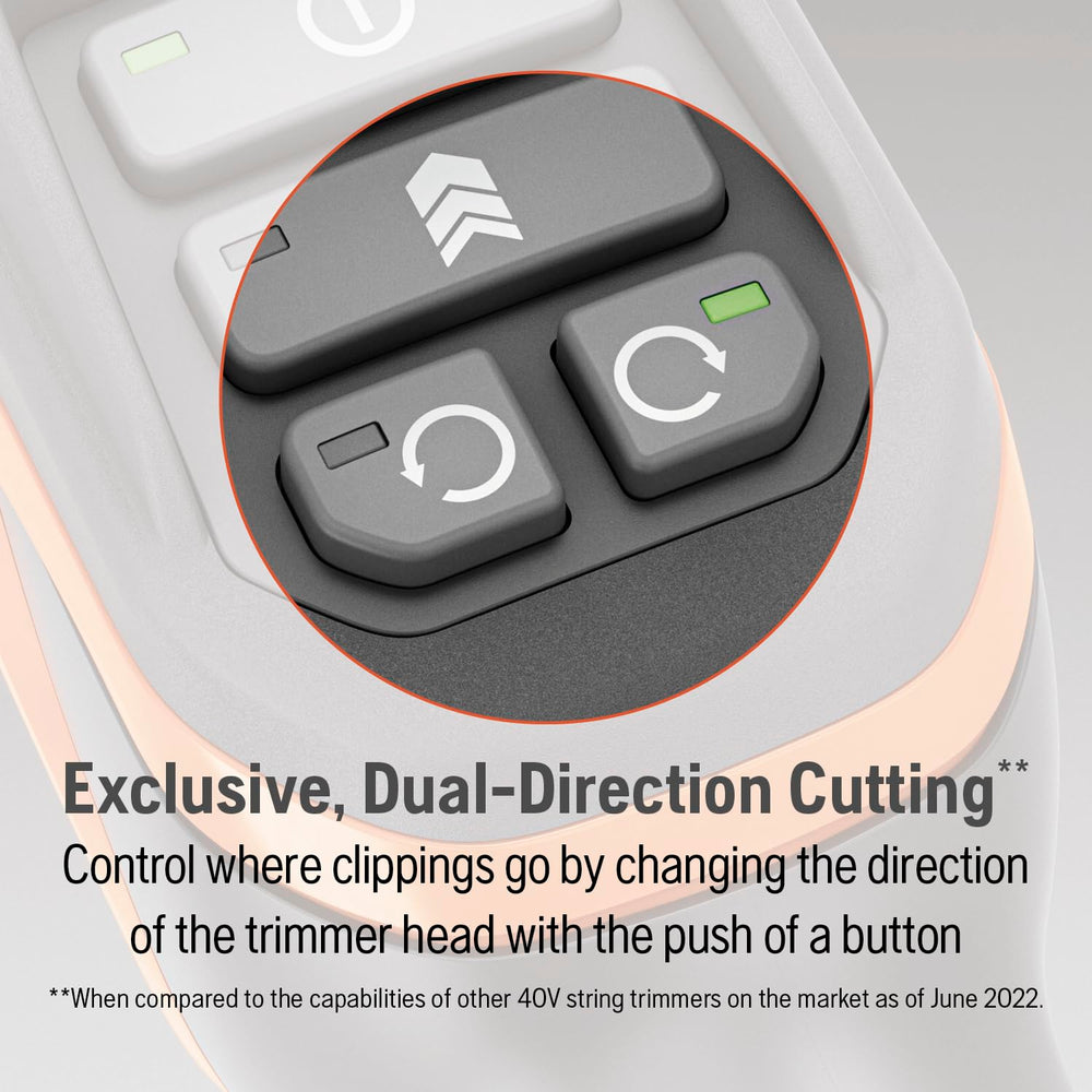 Husqvarna 320iL dual-direction head angled to direct clippings away from beds