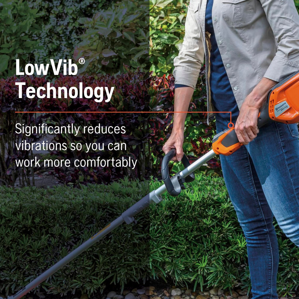 Husqvarna 320iL LowVib technology callout showing reduced vibration for comfort