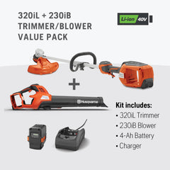 Husqvarna 320iL trimmer head close-up highlighting cutting width and efficient performance