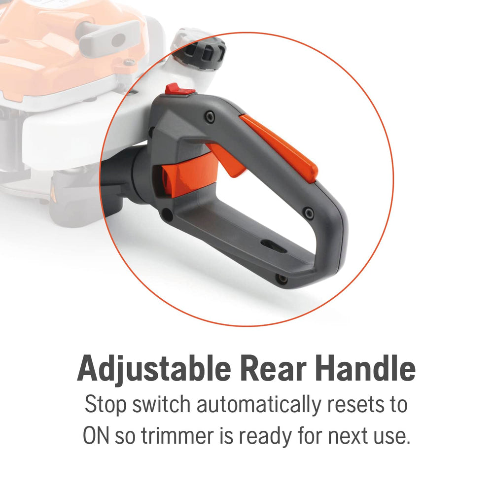 Husqvarna trimmer next to person showing scale and lightweight 11-pound benefit