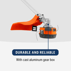 Husqvarna trimming lawn with 18-inch cutting path for faster coverage