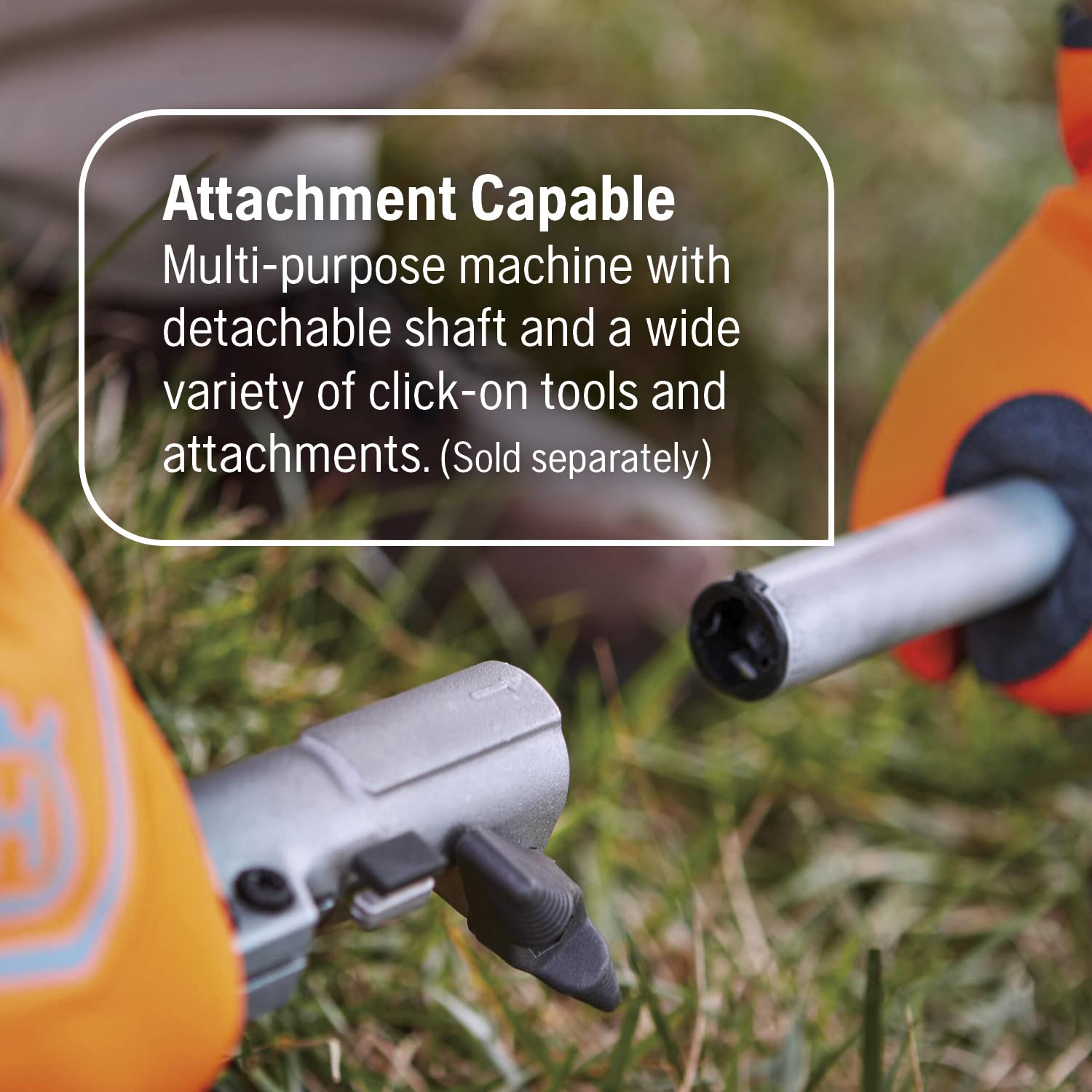 Husqvarna detachable shaft connection demonstrating easy transport and storage