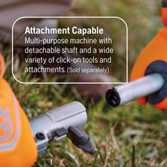 Husqvarna detachable shaft connection demonstrating easy transport and storage