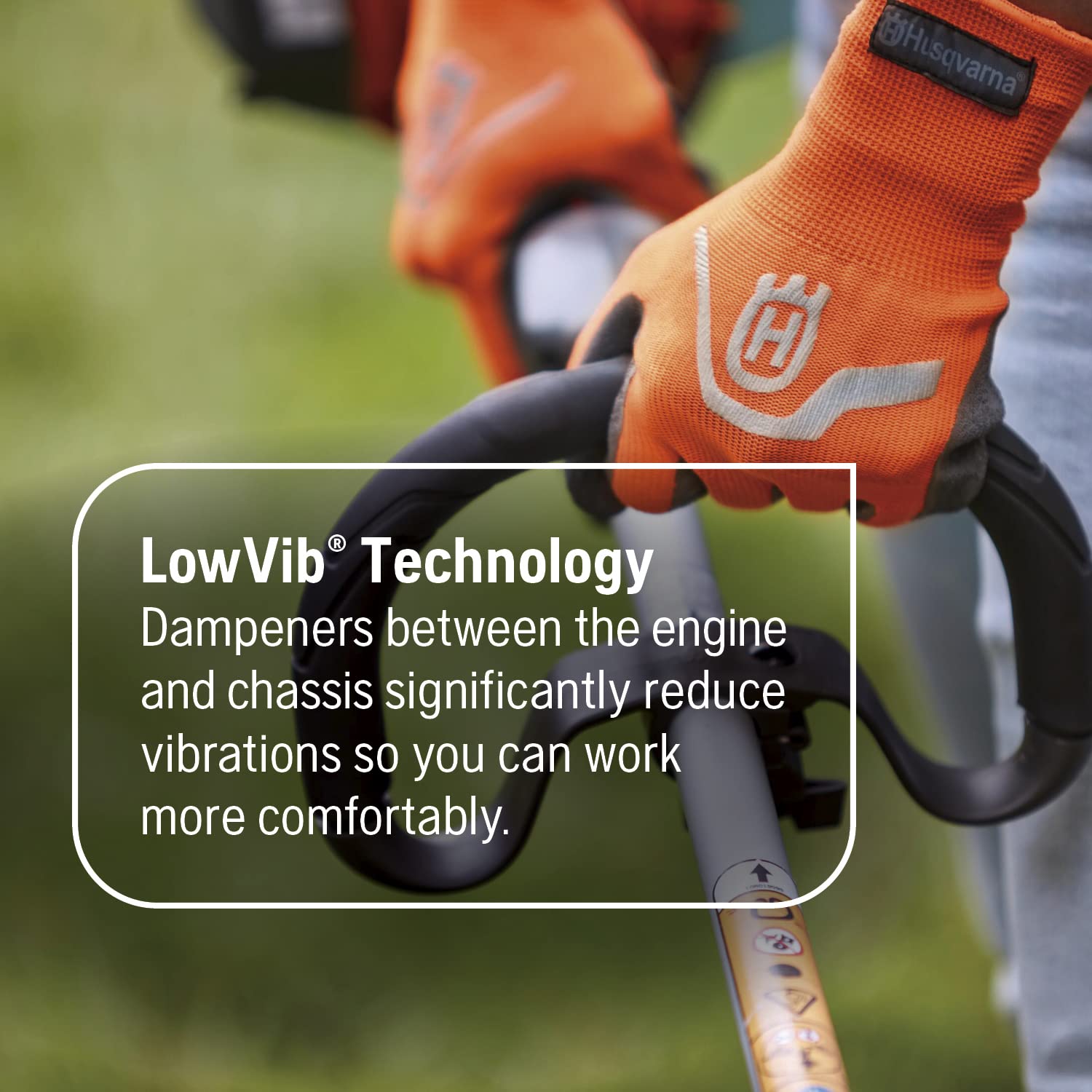 Husqvarna LowVib detail showing anti-vibration system that reduces user fatigue