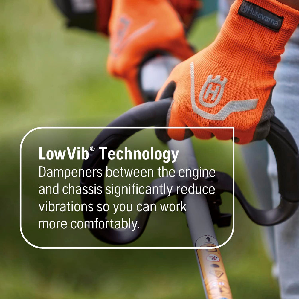 Husqvarna LowVib detail showing anti-vibration system that reduces user fatigue