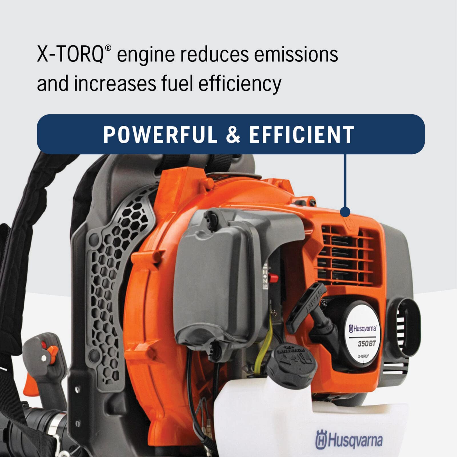 Husqvarna engine close-up highlighting X-Torq power and fuel efficiency benefit