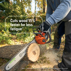 Husqvarna 7.5 Ah battery installed in saw showing quick swap and extended runtime benefit