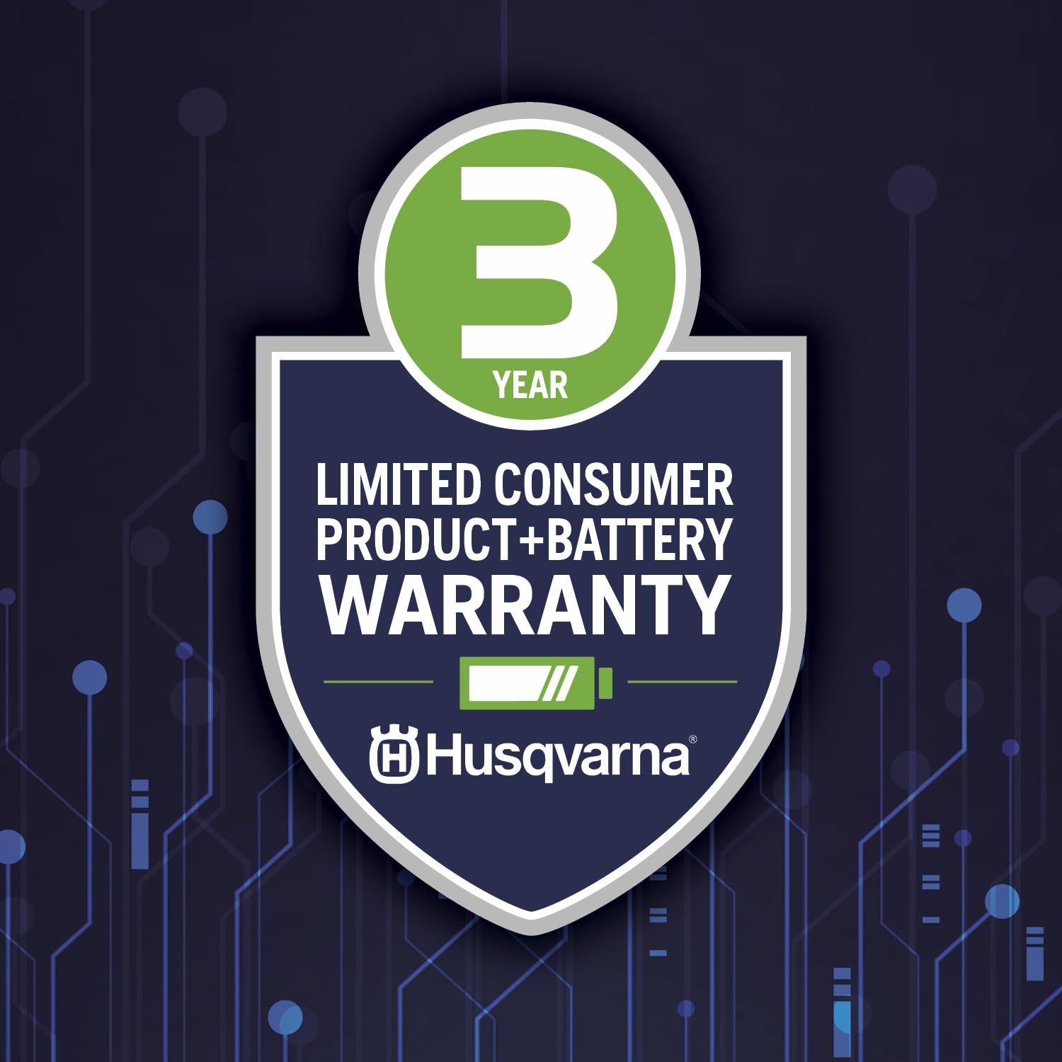 Husqvarna product label and warranty mark close-up showing included 3-year residential warranty