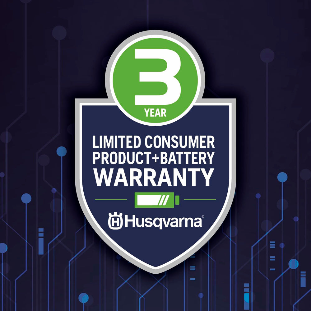 Husqvarna product label and warranty mark close-up showing included 3-year residential warranty