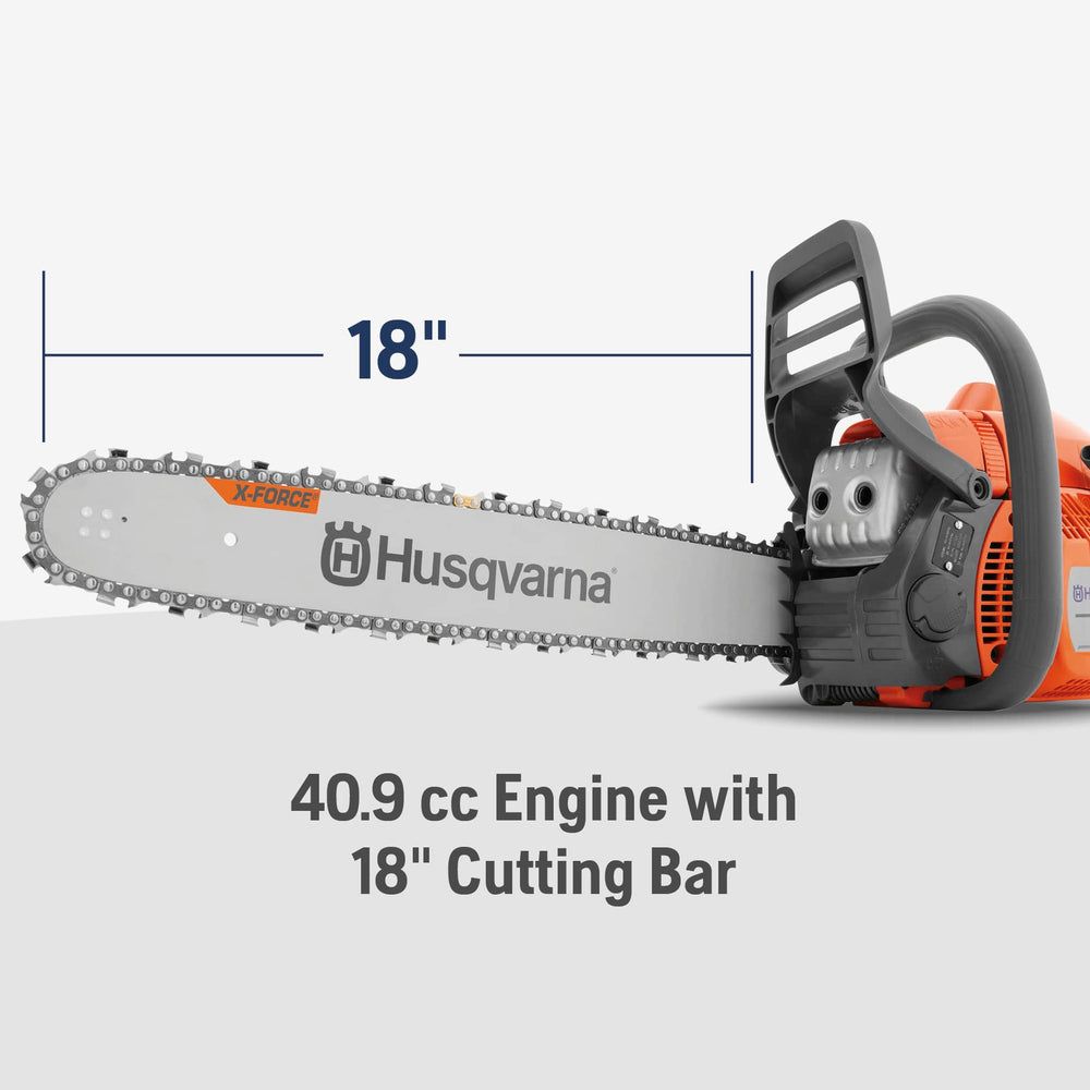 Husqvarna bar and chain closeup showing sharp cutting performance