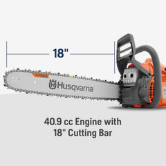 Husqvarna bar and chain closeup showing sharp cutting performance