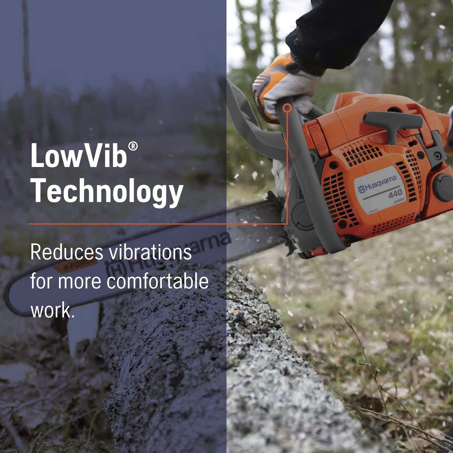 Husqvarna 440 cutting a branch outdoors showing practical in-use power