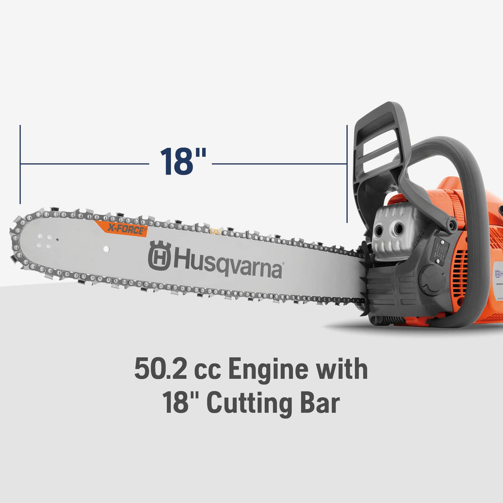 Husqvarna 445 18-inch bar and chain ready for efficient cutting